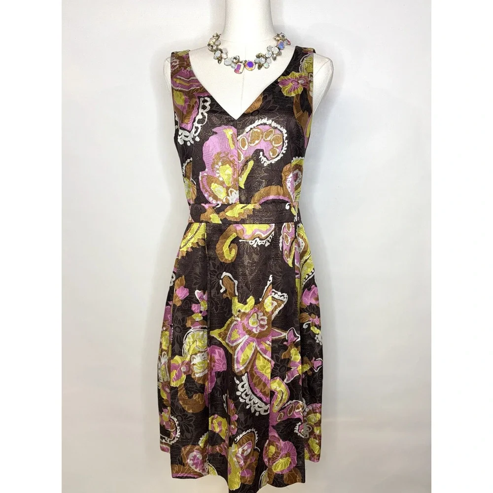 Tory Burch Silk Metallic Paisley Floral V-Neck Fit & Flare Cocktail Dress  4